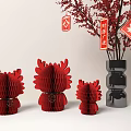 Decorative Red Honeycomb Ornament Set With Black Vase Red Branches Lucky Fu And Chun Charms