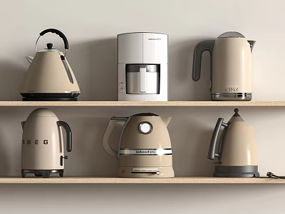 Various Modern Kitchen Appliances Including Kettles And Coffee Maker On Shelves 3d model
