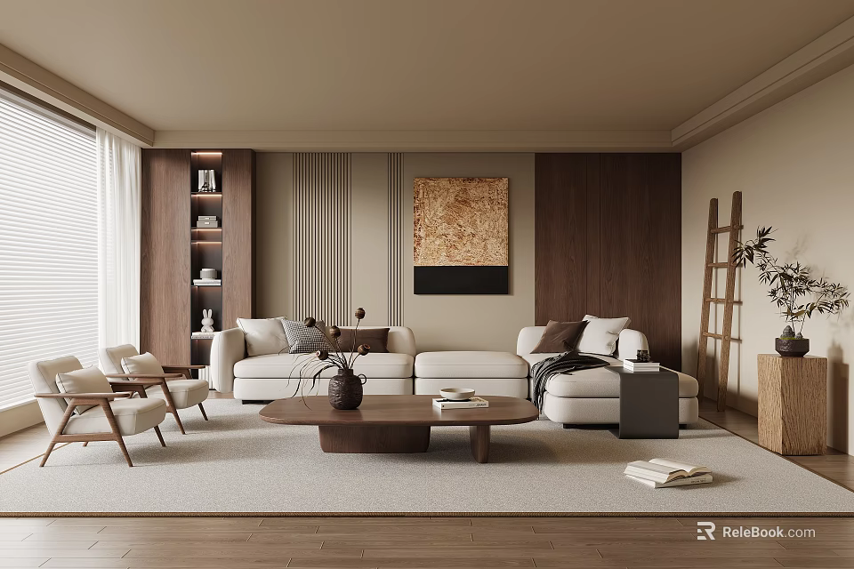 Modern Living Room Interior Design With Light Beige Sofa Wooden Coffee Table And Decorative Artwork 3d model 
