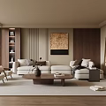 Modern Living Room Interior Design With Light Beige Sofa Wooden Coffee Table And Decorative Artwork