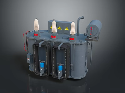 Power Transformer Equipment With Three Insulators Warning Signs And Gray Casing 3d model