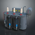 Power Transformer Equipment With Three Insulators Warning Signs And Gray Casing