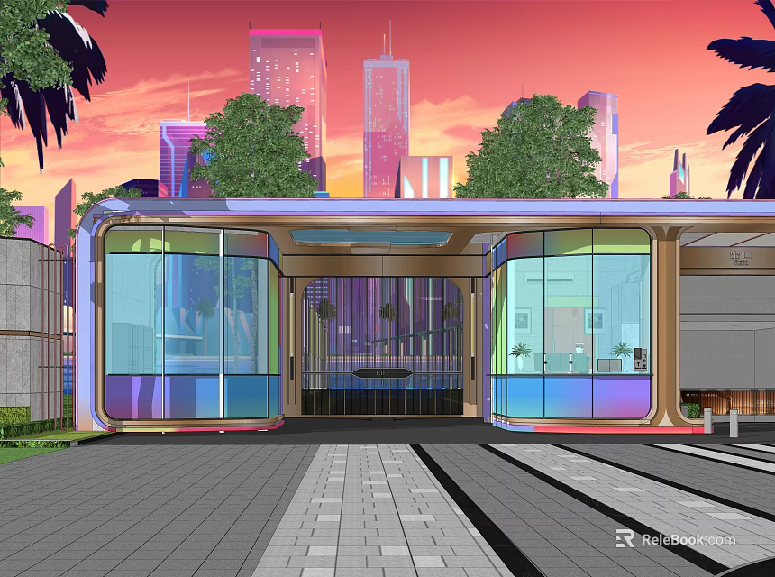 Modern Entrance Gate With Glass Structure Surrounded By Green Trees And Urban Skyline At Sunset 3d model 