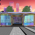 Modern Entrance Gate With Glass Structure Surrounded By Green Trees And Urban Skyline At Sunset