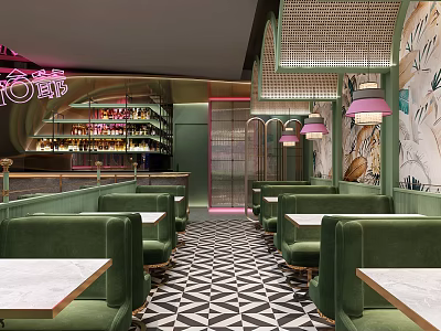Stylish Restaurant With Green Booths Black White Geometric Tiles Bar Pink Neon And Wall Art 3d model