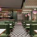 Stylish Restaurant With Green Booths Black White Geometric Tiles Bar Pink Neon And Wall Art