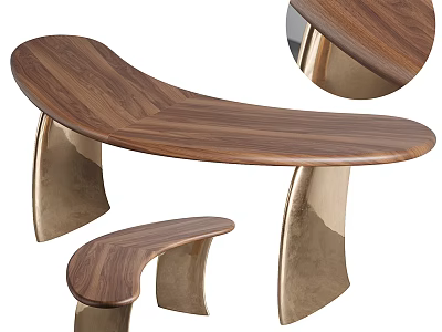 Walnut Wood Curved Desk With Metal Legs And Matching Bench 3d model