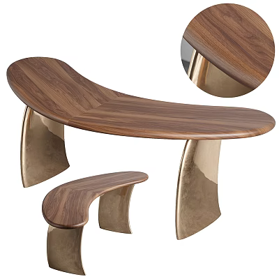 Walnut Wood Curved Desk With Metal Legs And Matching Bench 3d model