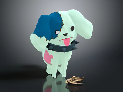 Cute Cartoon Dog Character With Blue White Fur Pink Spots And Spiked Collar Near Bone 3d model