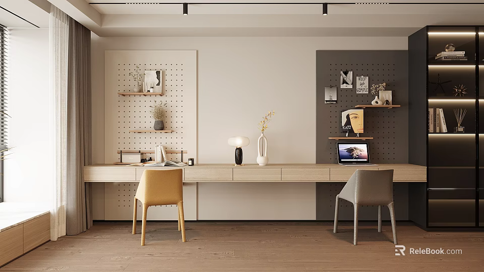 Modern Home Office Desk with Two Chairs Table Lamp Vase Pegboard and Shelves 3d model 
