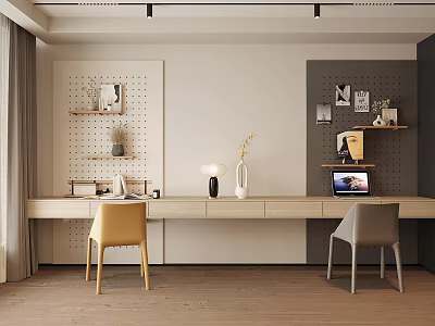 Modern Home Office Desk with Two Chairs Table Lamp Vase Pegboard and Shelves 3d model