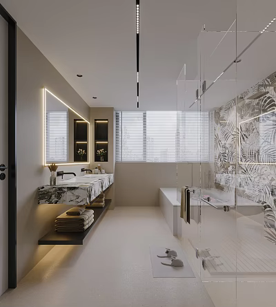 Modern Bathroom Interior With Marble Vanity Backlit Mirror Glass Shower And Freestanding Bathtub 3d model