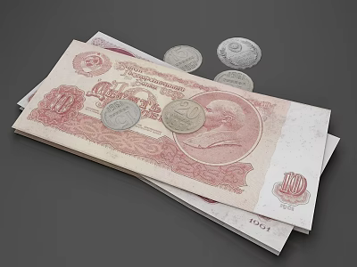 Stacked Paper Banknotes And Silver Coins Displayed On Gray Surface 3d model
