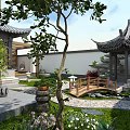 Chinese Style Garden View Through Circular Archway With Pavilion Small Bridge And Stone Path