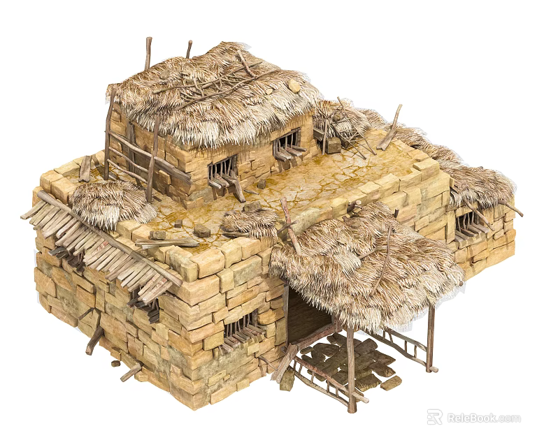 Rustic Thatched House With Stone Walls Thatched Roof Small Windows And Wooden Steps 3d model 