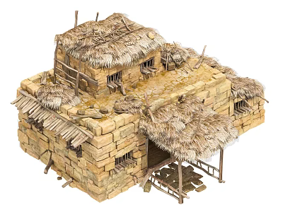 Rustic Thatched House With Stone Walls Thatched Roof Small Windows And Wooden Steps 3d model