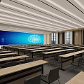 Spacious Modern Conference Room Interior With Long Tables Chairs And Large Screen