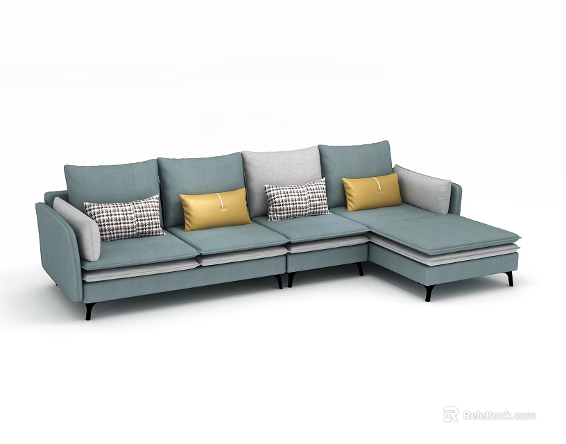 Modern Light Blue Sectional Sofa with Yellow Checkered and Gray Decorative Cushions 3d model