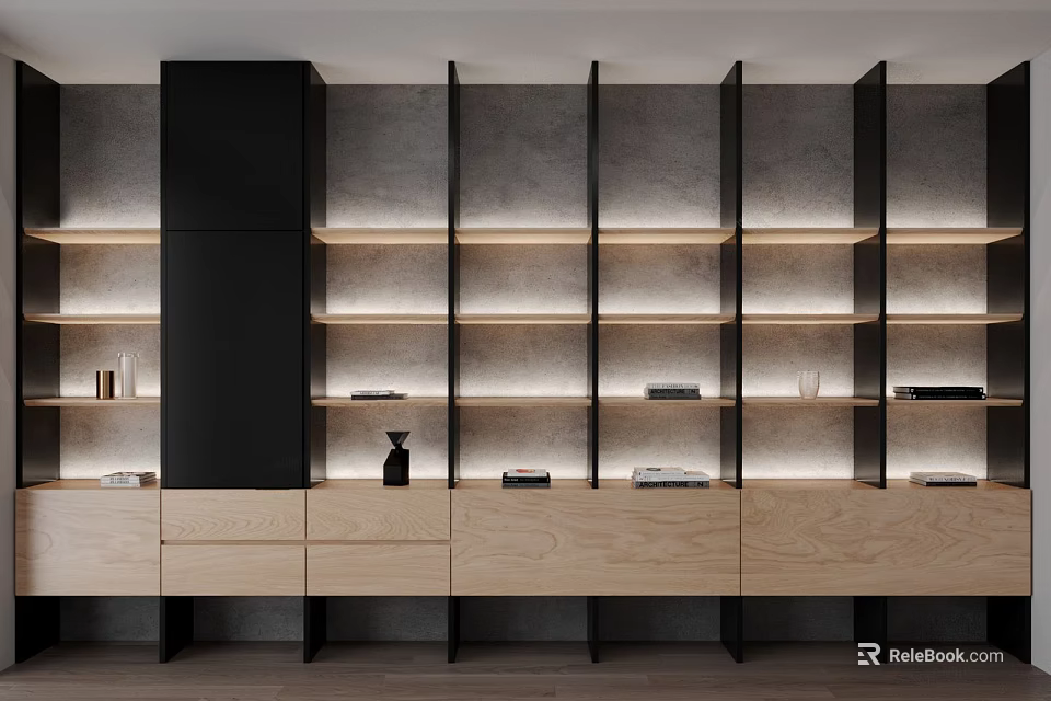 Modern Wooden Bookcase Interior With Black Accents Built In Lighting And Open Storage Shelves 3d model 