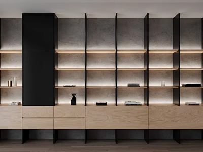 Modern Wooden Bookcase Interior With Black Accents Built In Lighting And Open Storage Shelves 3d model