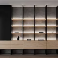 Modern Wooden Bookcase Interior With Black Accents Built In Lighting And Open Storage Shelves