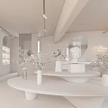 Modern Boutique Store Interior With Round White Table Vases Green Blue Flowers And Round Mirror