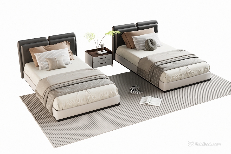 Modern Twin Single Beds Interior Design With Nightstand Plant And Bedding 3d model 