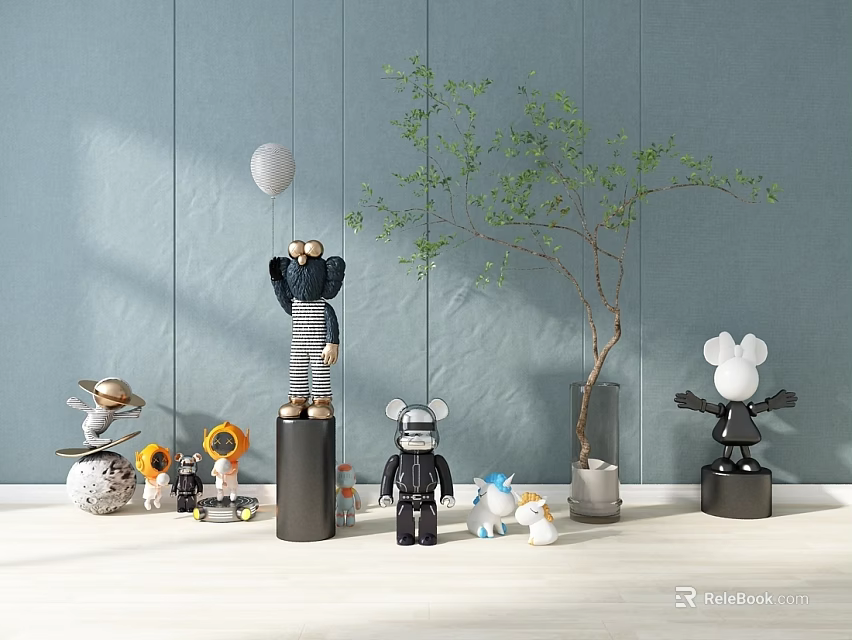 Modern Display Of Various Dolls Including Astronaut Mickey With Balloon Skateboard And Small Tree 3d model 
