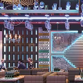 Stylish Modern Bar Interior Design With Chandeliers Lighting And Comfortable Sofa Seating 3d model