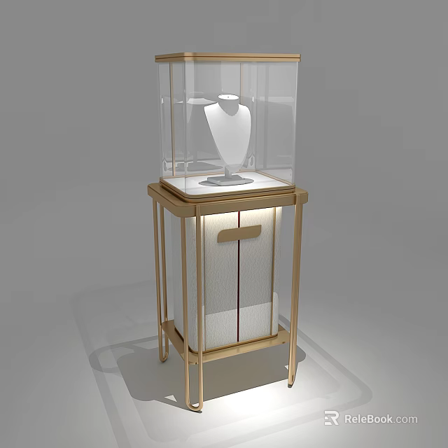 Elegant Jewelry Store Display Cabinet With Transparent Glass Golden Frame White Mannequin And Lighting 3d model 