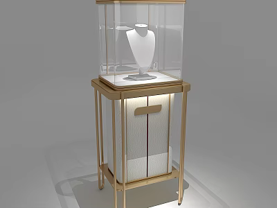 Elegant Jewelry Store Display Cabinet With Transparent Glass Golden Frame White Mannequin And Lighting 3d model