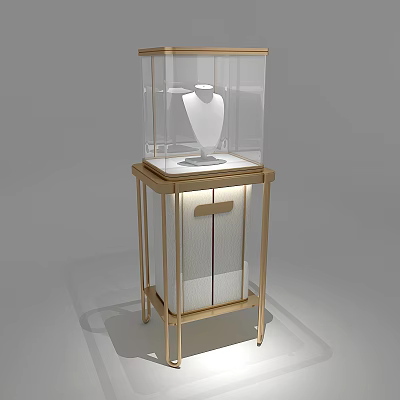 Elegant Jewelry Store Display Cabinet With Transparent Glass Golden Frame White Mannequin And Lighting 3d model