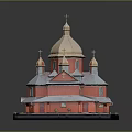 Cartoon Scene Of Red Traditional Building With Multiple Golden Domes And Snowy Roof