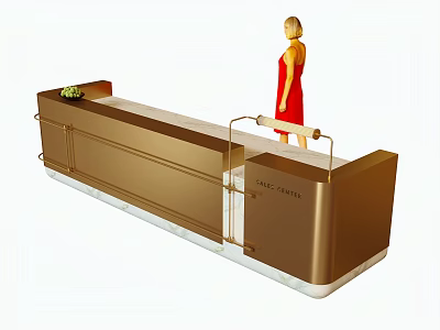 Modern Golden Reception Desk With Marble Top Green Plant Decoration And Reception Sign 3d model