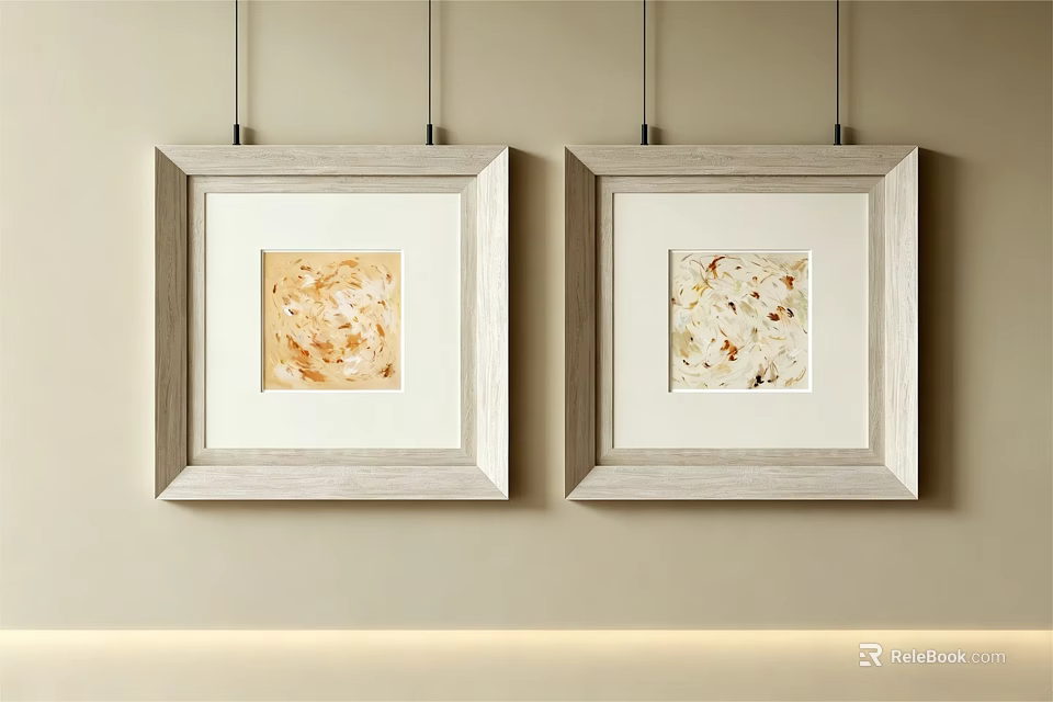 Abstract Paintings In White Wooden Frames Hanging On Light Colored Wall With Different Textures 3d model 
