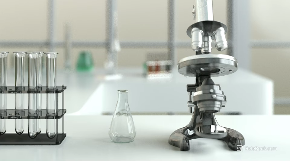 Laboratory Workspace With Microscope Test Tubes And Erlenmeyer Flask Setup 3d model 