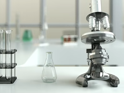 Laboratory Workspace With Microscope Test Tubes And Erlenmeyer Flask Setup 3d model