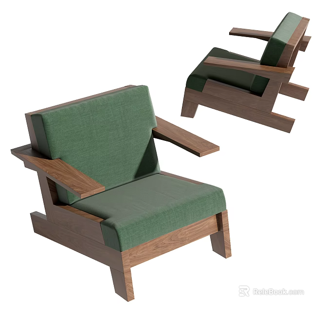 Modern Minimalist Single Sofa With Green Cushion And Wooden Frame Armrest 3d model 