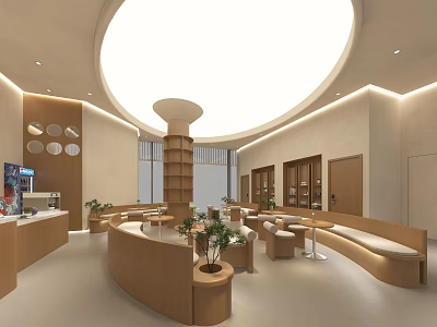 Modern Minimalist Interior Space With Curved Wooden Furniture Round Ceiling Light And Green Plants 3d model