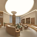 Modern Minimalist Interior Space With Curved Wooden Furniture Round Ceiling Light And Green Plants