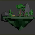 Low Poly 3D Forest Landscape With Green Trees Gray Rocks Campfire And Wooden Barrel