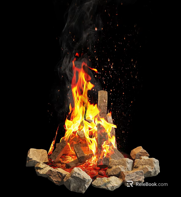 Garden Decorative Bonfire With Flaming Logs And Sparks On Black Background 3d model 
