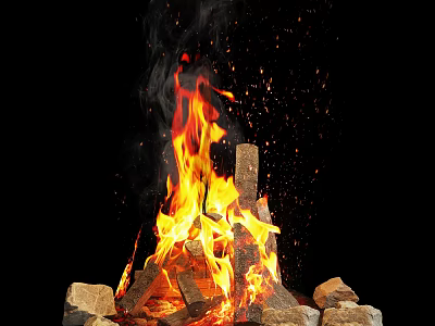 Garden Decorative Bonfire With Flaming Logs And Sparks On Black Background 3d model