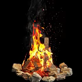 Garden Decorative Bonfire With Flaming Logs And Sparks On Black Background