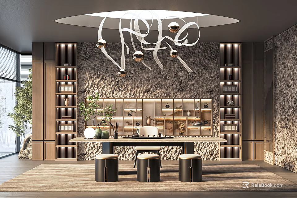 Modern Tea Room Interior With Stone Accent Wall Wooden Shelves Chandelier And Round Stools 3d model 