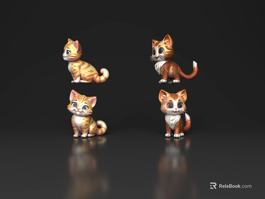 Three Kitten 3D Models With Various Poses Expressions And Dark Reflective Background 3d model