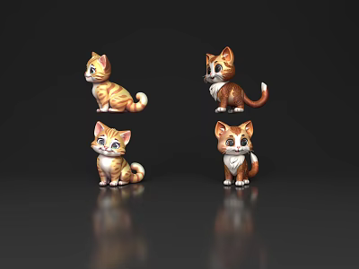 Three Kitten 3D Models With Various Poses Expressions And Dark Reflective Background 3d model