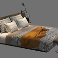 Modern Double Bed with Striped Bedspread Geometric Pillows Orange Blanket and Bedside Lamps 3d model