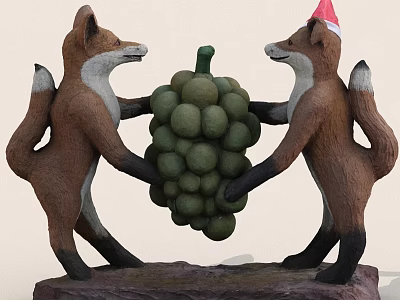 Two Brown Fox Statues Holding Grapes One Wearing Red Hat Decorative Art 3d model
