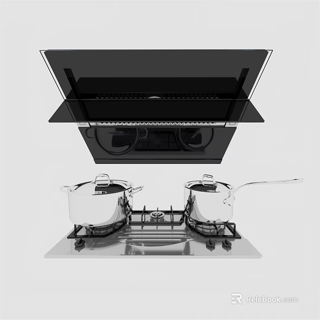 Modern Kitchen Appliances With Range Hood Gas Stove And Stainless Steel Pots 3d model 